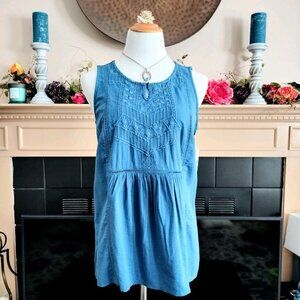 Indigo GNW Sleeveless Boho Top M Teal Blue Embroidered Gathered Woven & Knit